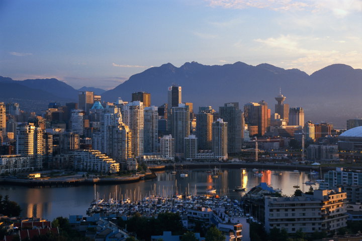 Vancouver skyline and waterfront with the Coast Mountains in British Columbia